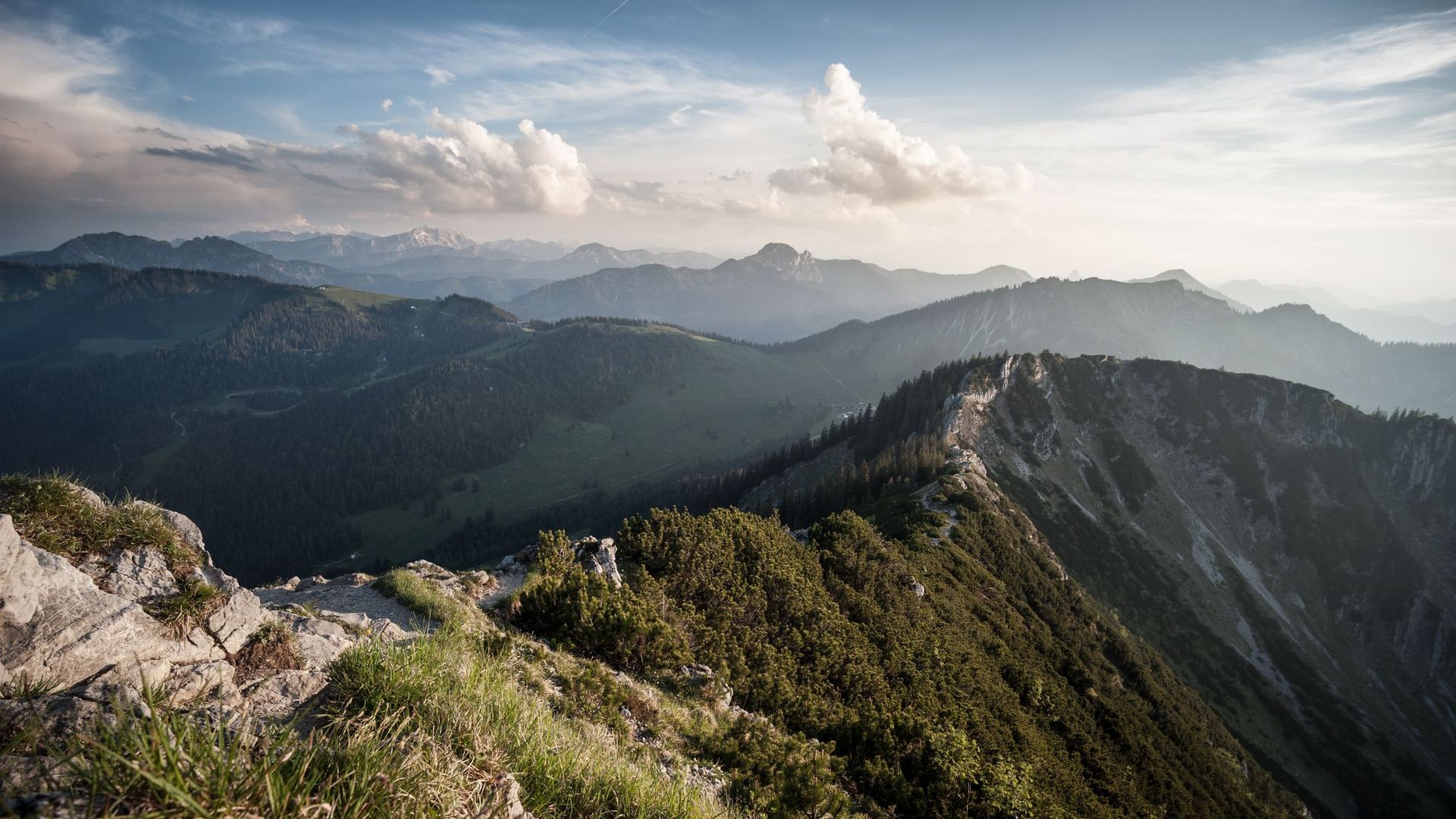 Berglandschaft mit bewaldeten Hügeln, Felsen und einem wolkenverhangenen Himmel bei Tageslicht, mit Blick auf die Brecherspitze in den Tegernseer Bergen.