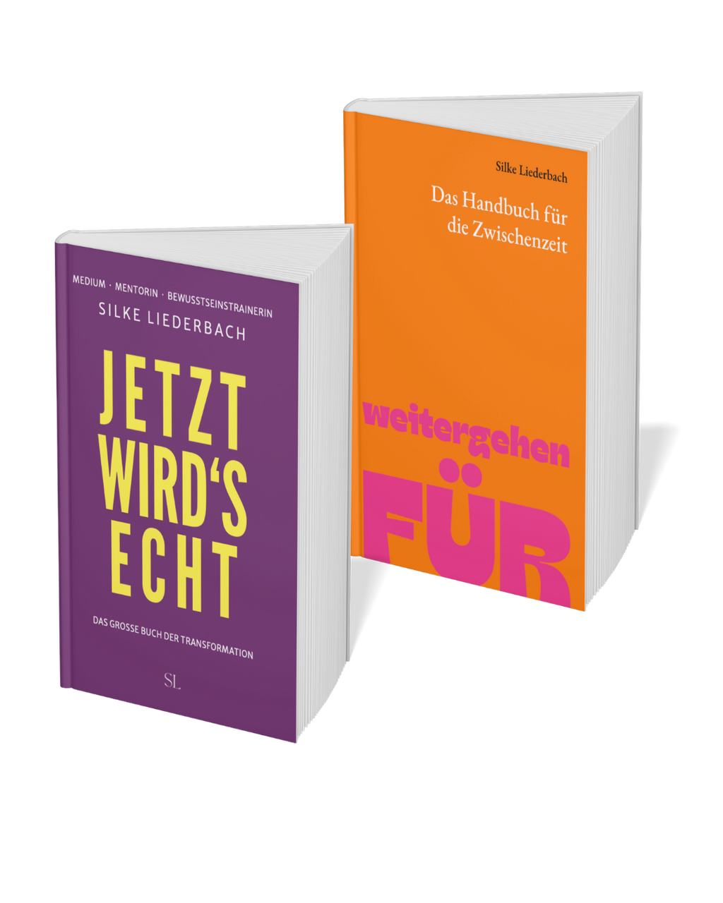 Two books by Silke Liederbach, one with a purple cover and yellow title "Jetzt wird's echt", the other with an orange cover and white title "Das Handbuch für die Zwischenzeit".