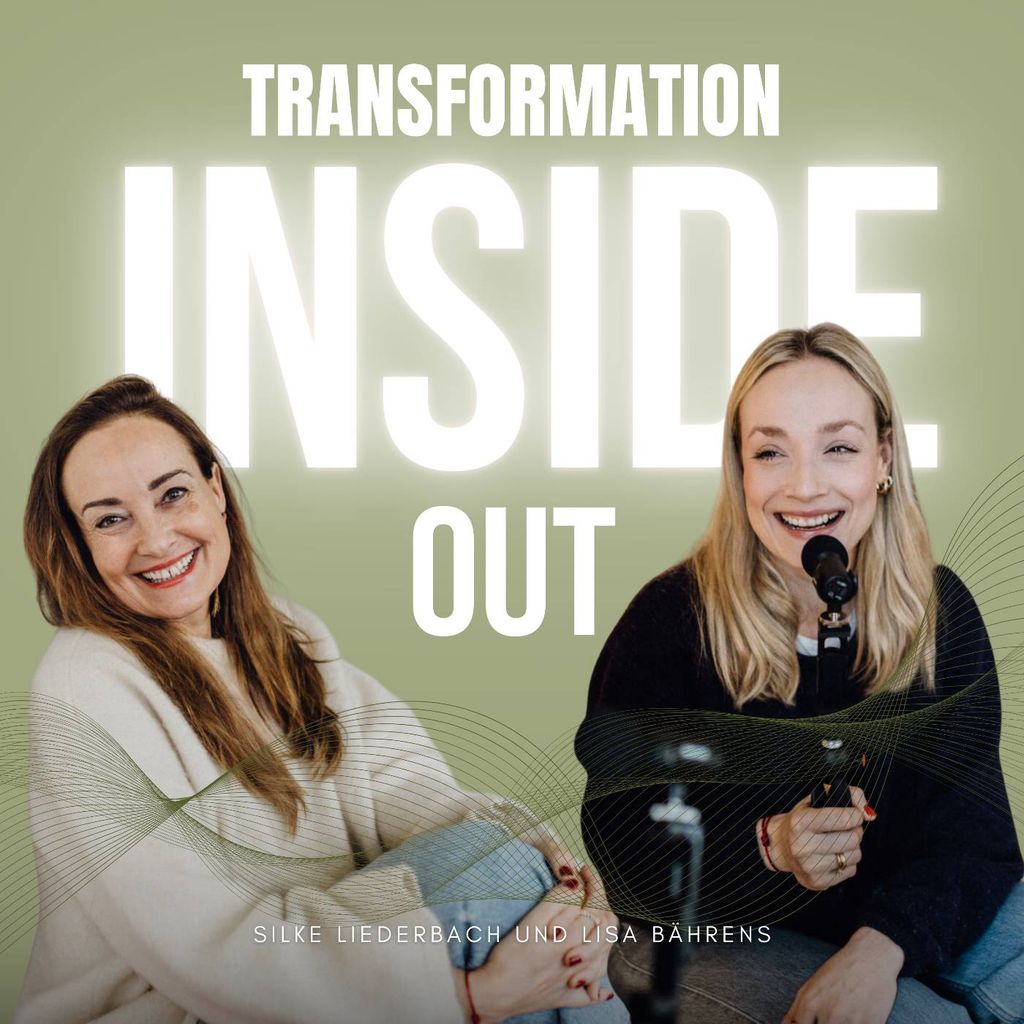 Two smiling women looking at each other amicably against a white background with the large green and white text INSIDE OUT.