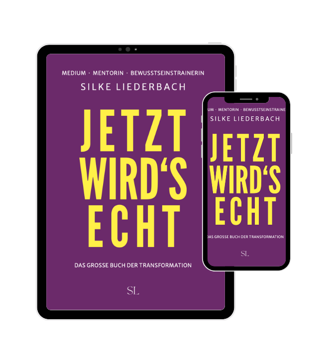 A digital book cover displayed on a tablet and smartphone titled 'Jetzt wird's echt' by Silke Liederbach, a guide to transformation.