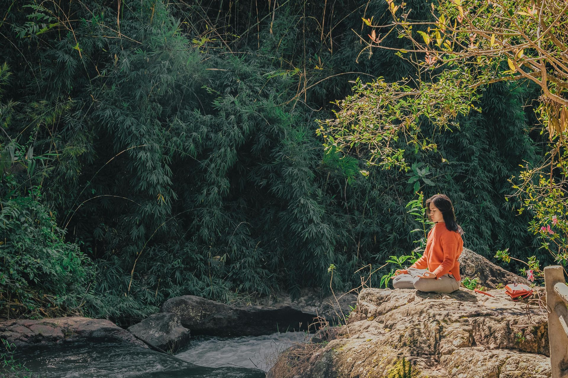 A woman is sitting meditatively on a rock in a calm, green environment next to a stream.