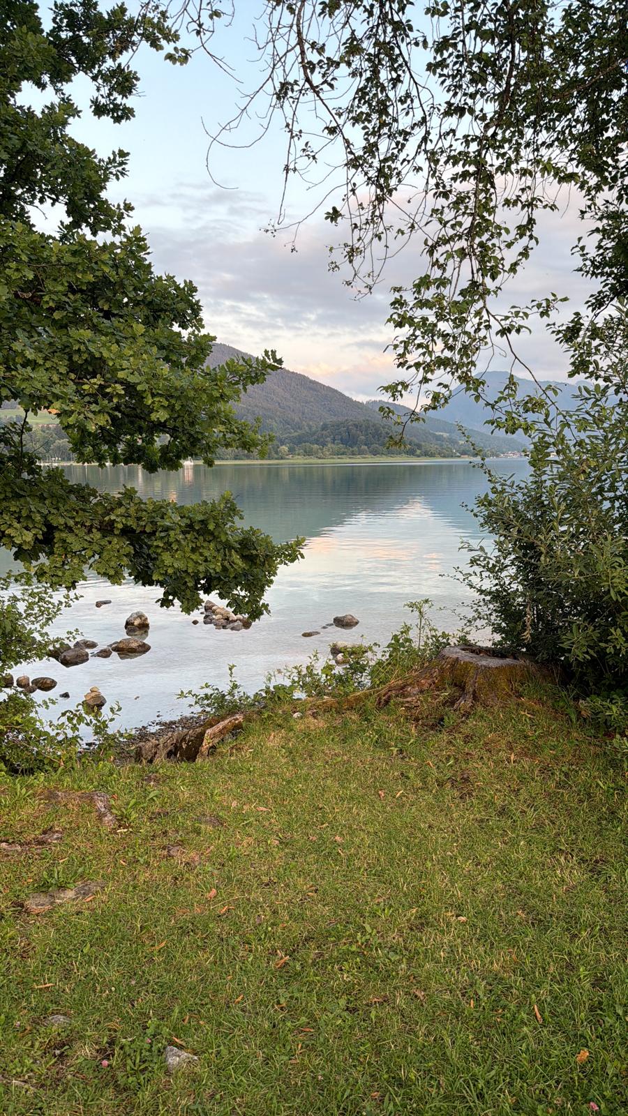 View of Lake Tegernsee with a grassy shore, surrounded by trees and mountains in the background under a cloudy sky.