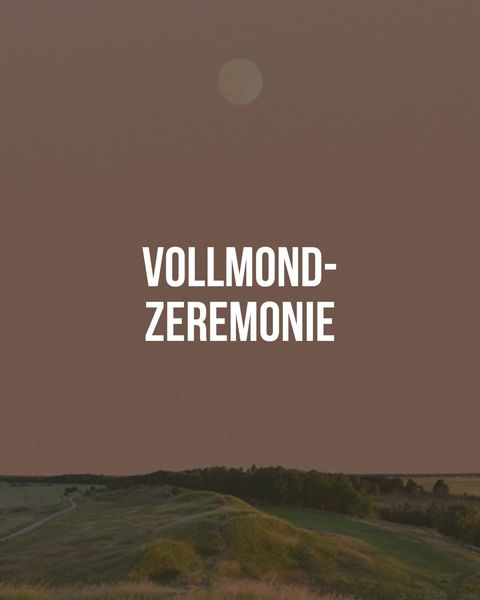 Full moon above a green hill landscape at dusk with the text "Full Moon Ceremony" in the center.